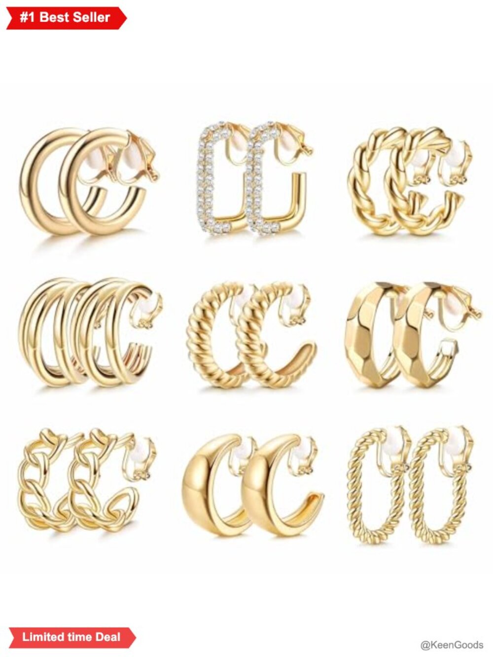 14k Gold Plated Clip On Earrings Set Chunky Hoop Non Pierced Women